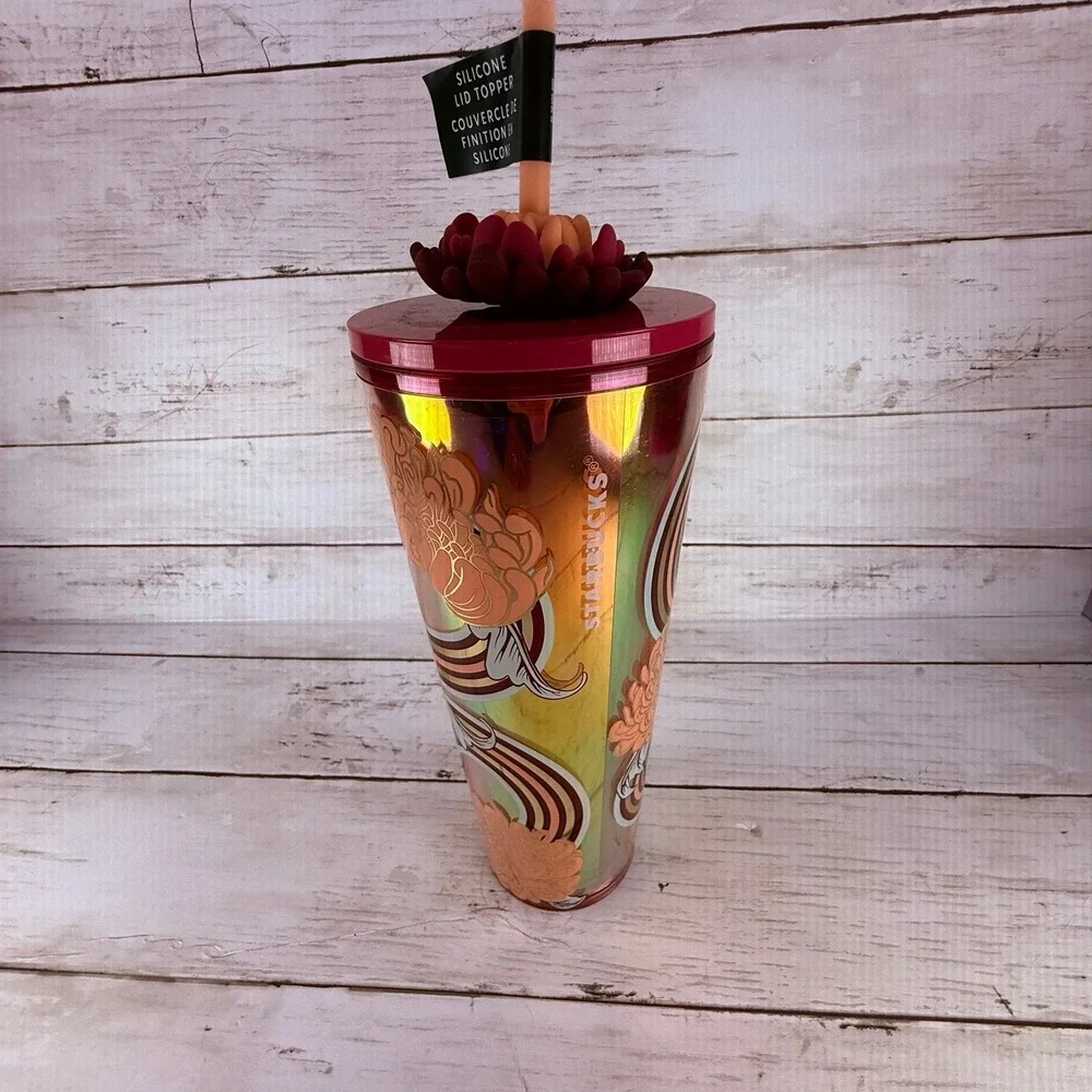 Starbucks 2023 Fall Iridescent‎ Floral Tumbler 24oz Flower Lid Topper Cold Cup